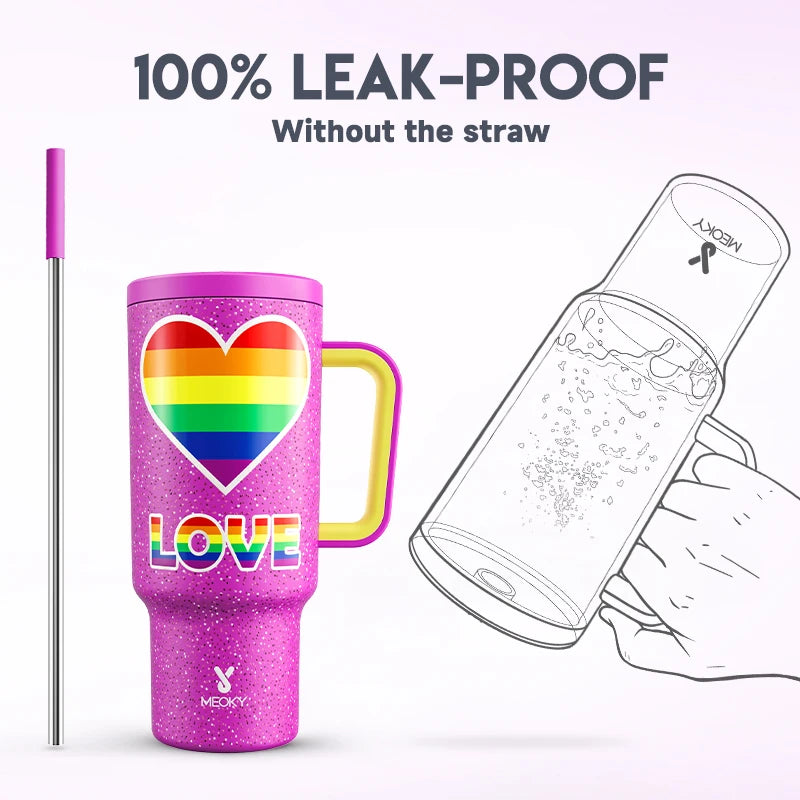 Meoky Cup 40oz Large Tumbler Straw Cup with Lid leak-proof Sainless Steel Vacuum Insulated Car Mug Water Bottle Pride Month