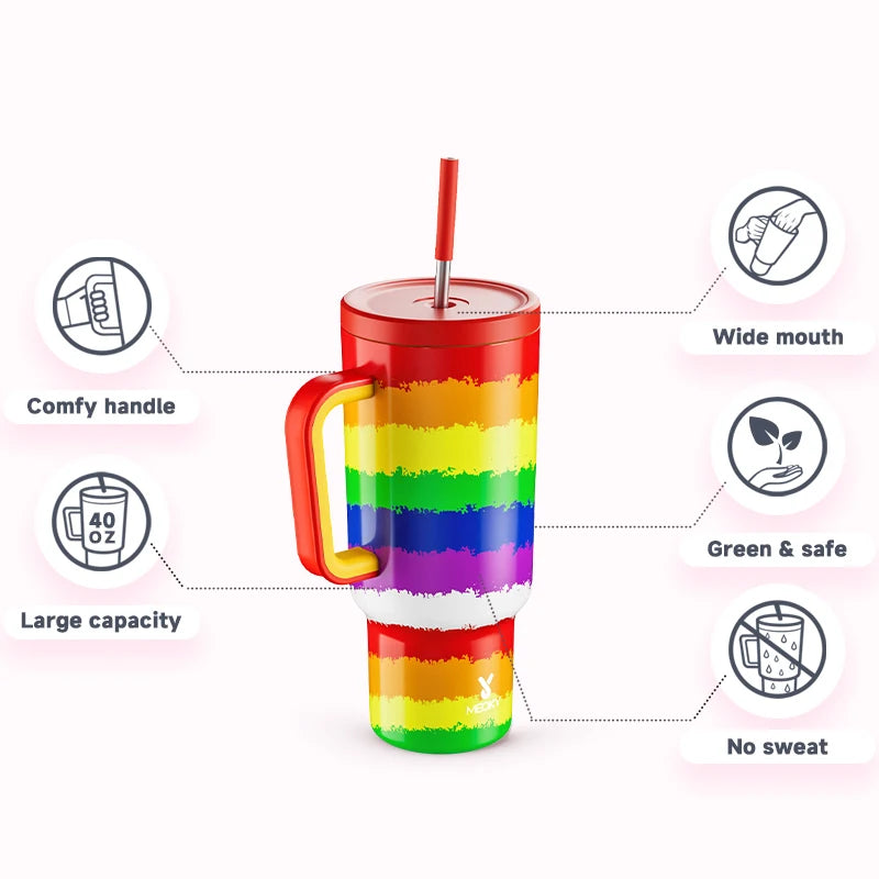 Meoky Cup 40oz Large Tumbler Straw Cup with Lid leak-proof Sainless Steel Vacuum Insulated Car Mug Water Bottle Pride Month