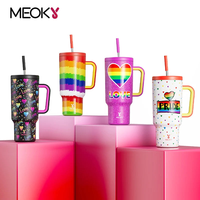 Meoky Cup 40oz Large Tumbler Straw Cup with Lid leak-proof Sainless Steel Vacuum Insulated Car Mug Water Bottle Pride Month