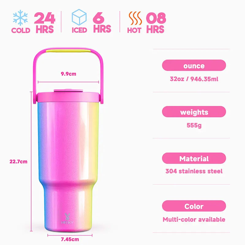 Meoky 32oz Tumbler with Carry Handle Multiple Prints Stainless Steel Insulated Vacuum Coffee Mug Thermal Milk Tea Travel Car Mug