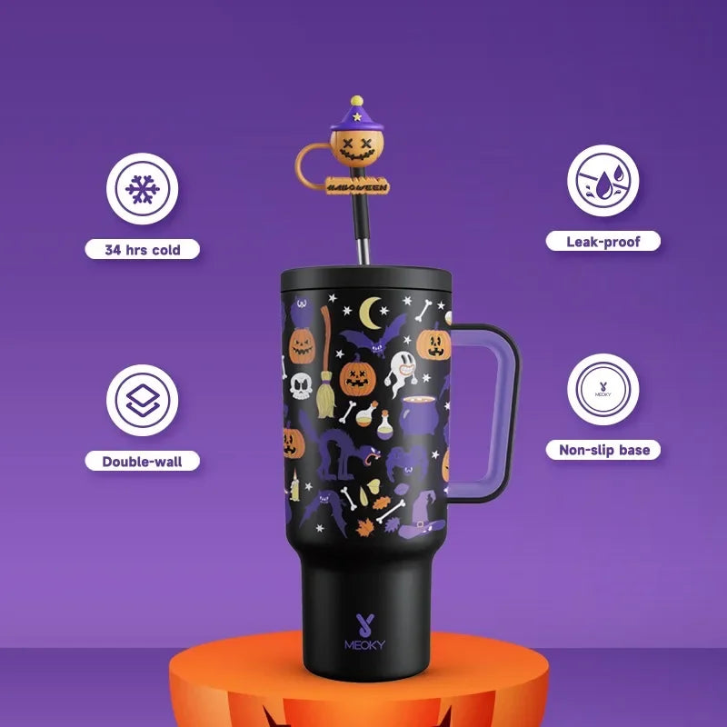 Meoky 40oz Halloween Tumbler with Straw Insulated Coffee Cup Stainless Steel Leak-Proof Non-Slip Portable Vacuum Car Mug