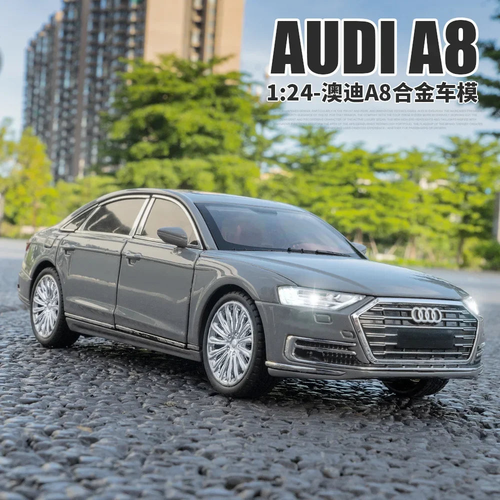 1:24 Audi A8 Diecast Alloy Metal Toy Car Miniature car Model Pull Back Sound & Light Doors Openable Collection Gift For Boy C186