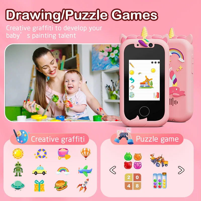 Kids Smart Phone Toys for Girls Unicorns Gifts 2.8 inch Touchscreen Dual Camera Music Player Learn Toys Christmas Birthday Gifts